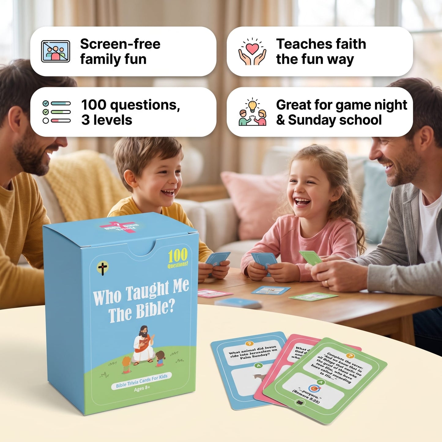 A family board game set shown in a living room scene, with two adults and a child laughing around a table while playing. The main product is the blue and green box labeled 'Who Taught Me The Bible?' with several colorful game cards placed in front.