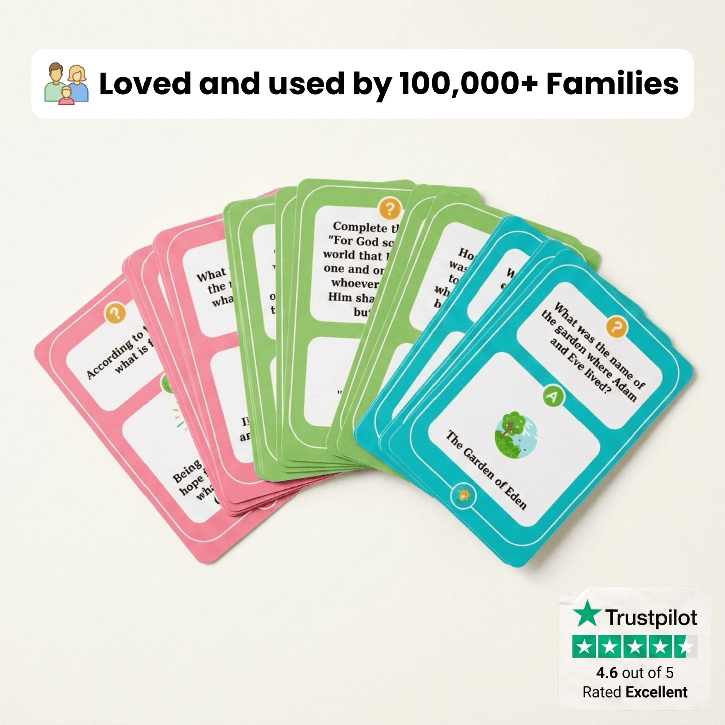 A fan of colorful religious cards on a light beige background, with text reading 'Loved and used by 100,000+ Families' and a Trustpilot rating badge in the lower right corner.