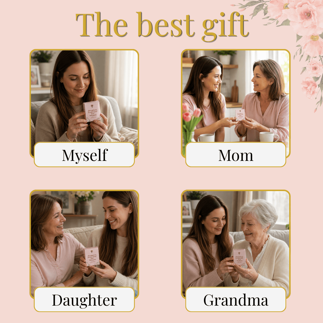 A pink promotional graphic with the headline 'The best gift' and four labeled photo panels showing a small pink card or package being held by a woman, her mom, her daughter, and her grandma. The layout is clean and designed for ecommerce, with floral corner accents.