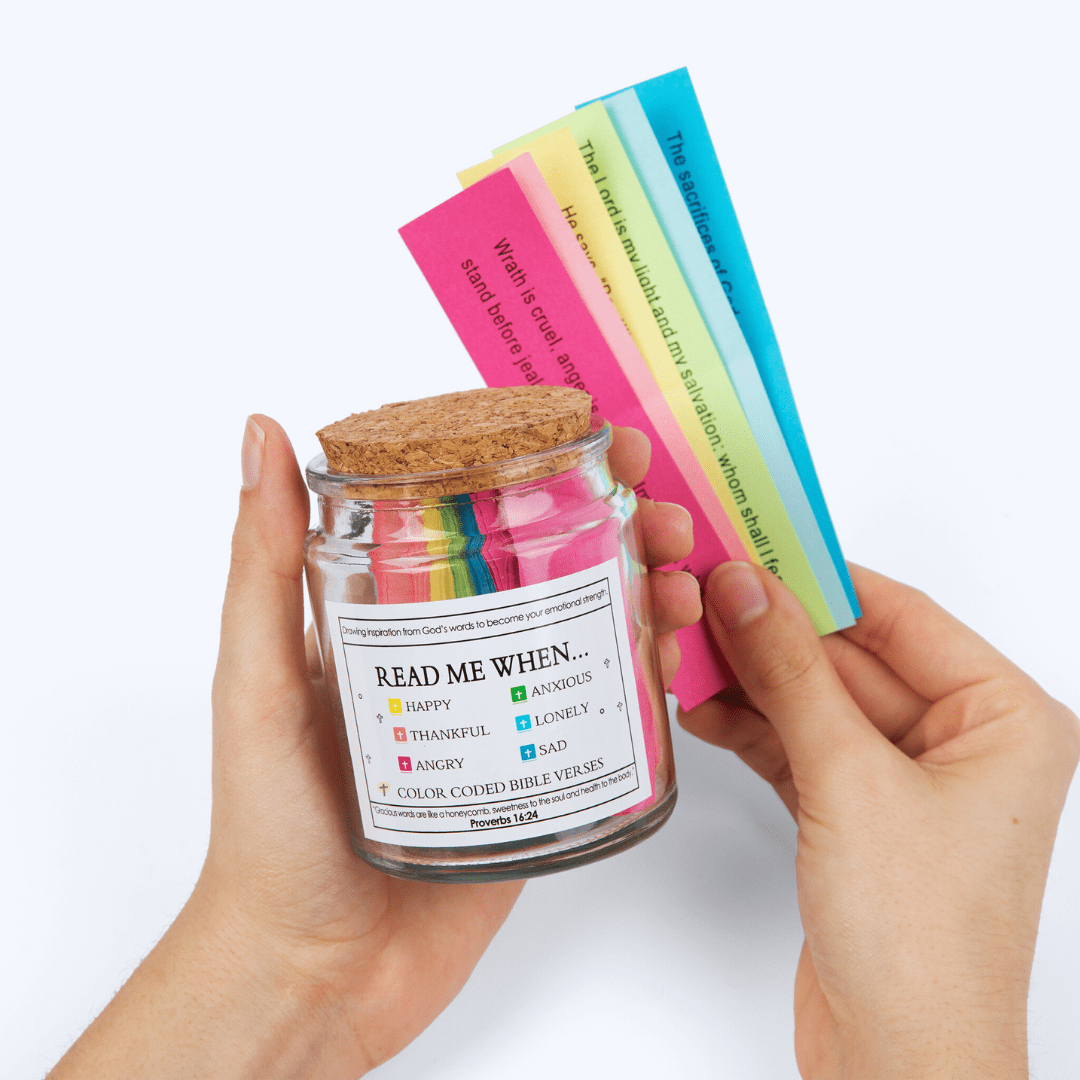 Bible Verse Jar with six color-coded scripture categories for different emotions