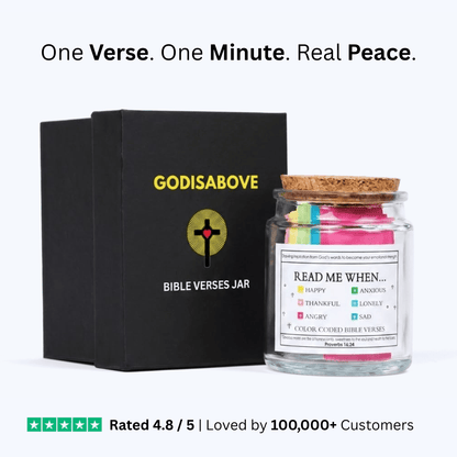 GodIsAbove Bible Verse Jar displayed beside its black Christian gift box