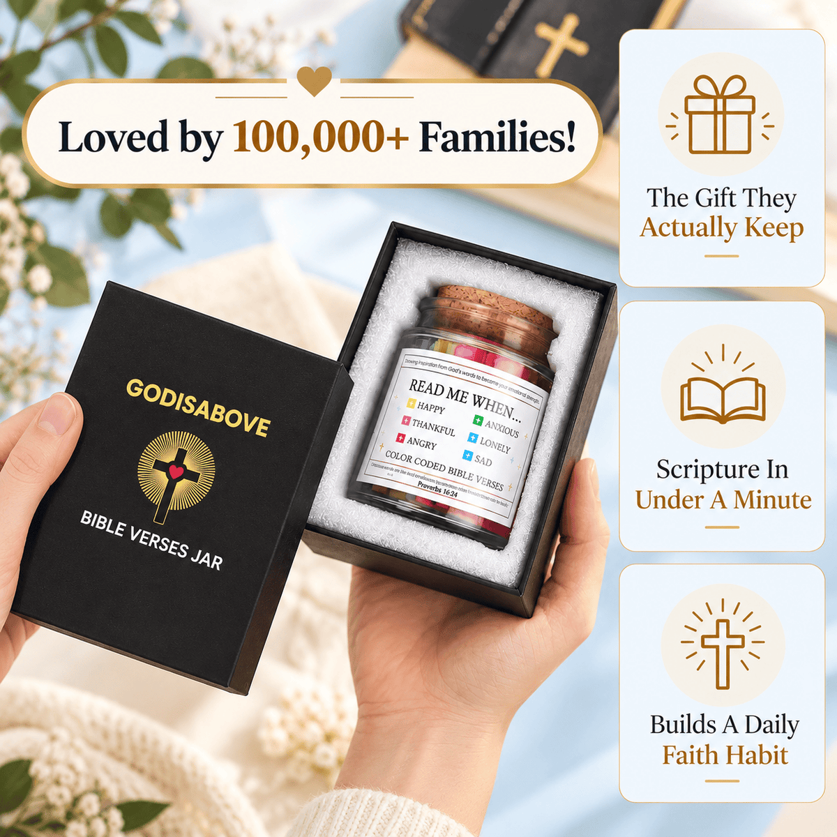 GodIsAbove Bible Verse Jar presented in a premium gift box as a Christian gift