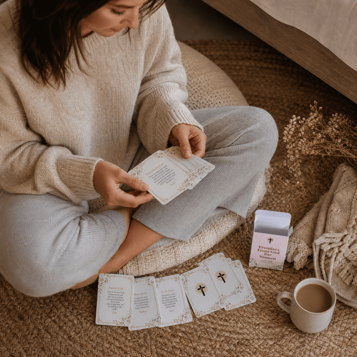 A woman sits cross-legged on a woven rug, reading cards from a deck. The cards are shown both in her hands and arranged on the floor in front of her.