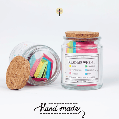 Handmade Bible Verse Jar with colorful scripture cards and cork lid
