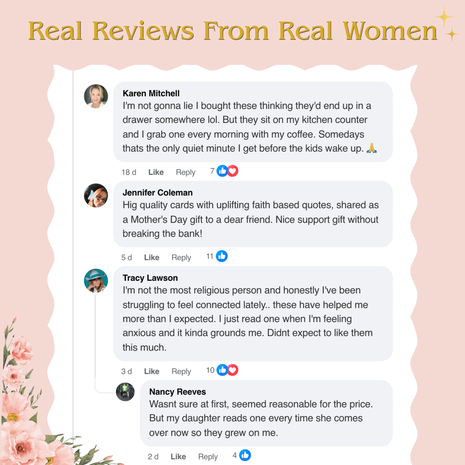 A digital graphic featuring four mock customer review comments with user profiles and text, set against a white wavy card on a soft pink background with a gold title reading 'Real Reviews From Real Women' and floral corner accents.