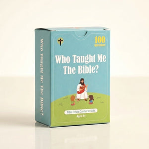 A boxed card game titled "Who Taught Me The Bible?" with a light blue front and green base, shown on a clean white background. The box includes illustrated figures and text such as "100 Questions" and "Bible Trivia Cards For Kids Ages 8+".